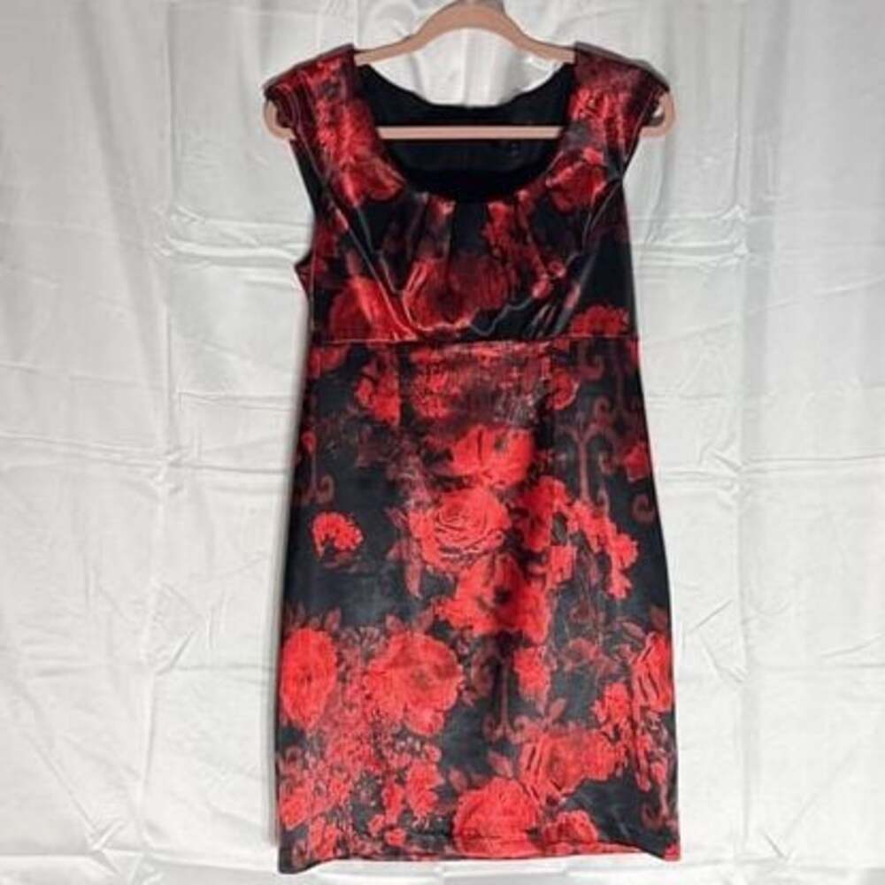Connected Apparel Sleeveless Red & Black Floral Scuba Pencil Dress, Size 8